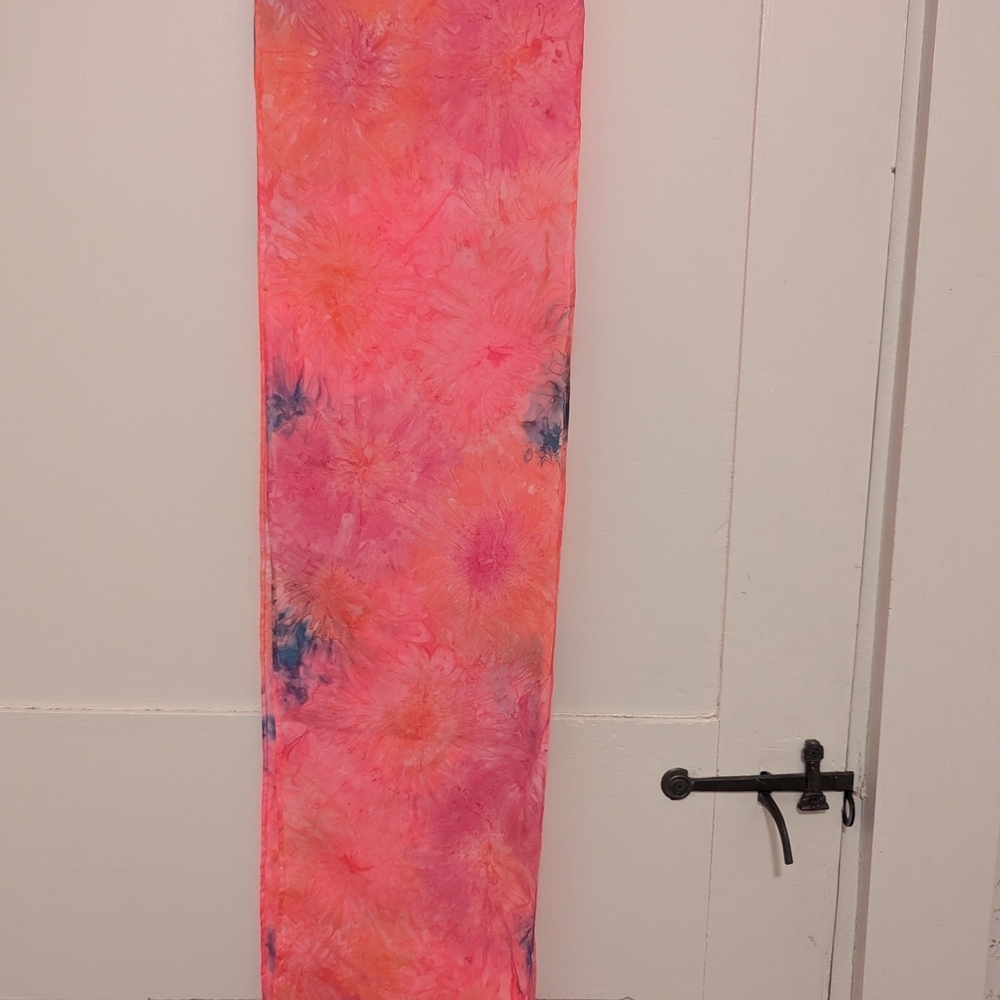 Silk Skinny Scarf Pink Blue Hand rolled hand dyed sewn hand rolled Long